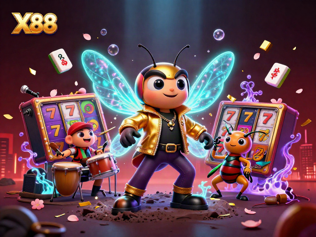Experience the thrilling X88 gaming adventure with a vibrant casino-themed 3D illustration.