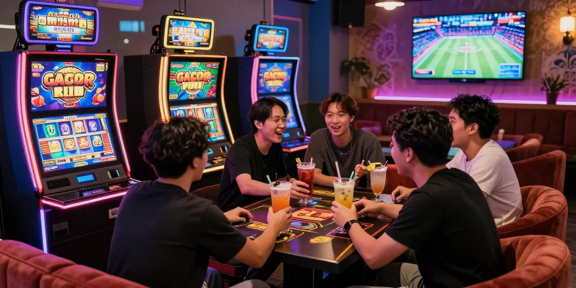 Gaming enthusiasts enjoy a thrilling slot gacor session in a vibrant lounge atmosphere.